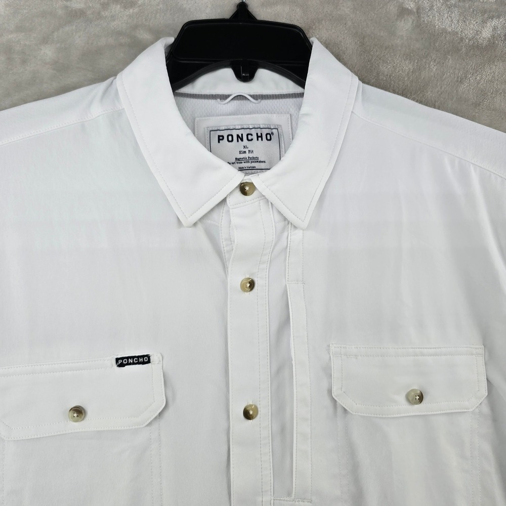 Poncho Fishing Shirt Mens XL White Slim Fit Short Sleeve Magnetic Pockets Flaw*